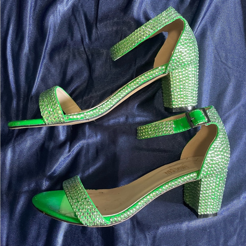 Rhinestone green dressy sandal worn 1x